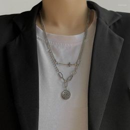 Pendant Necklaces U-Magical Double Layer Titanium Steel Circle Metal Coin Medallion Necklace For Women Asymmetry Party Jewelry