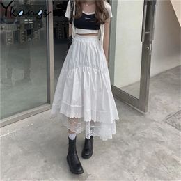 Skirts Black Gothic Lace Stitching Irregular Pleated Skirt Women White Vintage High Waist Long Korean Solid Hip Hop Streetwear 230519
