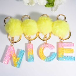 Keychains Colorful English Alphabet Resin Pendant Keychain With Plush Ball Charms Jewelry Bag Keyring For Women Girls