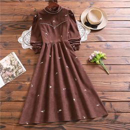 Basic Casual Dresses Winter fashion elegant mori girl sweet vestidos mujer arrival long sleeve floral corduroy dress 230519