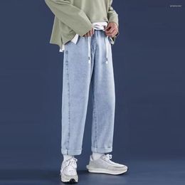 Men's Jeans Pockets Solid Colour Men Pants Elastic Waist Wide Leg Loose Trouser Drawstring Ankle Length Spring Male Clothing