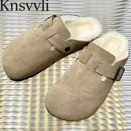 Slippers Winter Slippers Women Round Toe Buckle Strap Flat Mules Cow Suede Loafers Woman Casual Comfort Wool Warm Shoes Men Slippers X230519
