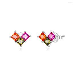 Stud Earrings Love Geometry S925 Sterling Silver Simple Fashion Heart-Shaped Colourful Zircon Women's