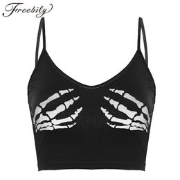 Womens Tanks Camis Sexy Club Women Summer Crop Top Camis Punk Y2K Harajuku Black Sleeveless Human Skeleton Skull Hand Printed Tights Vest Femme 230519