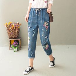 Jeans QPFJQD Lady Harem Pants Elastic Waist Spring Autumn Floral Embroidery Denim Trousers Chinese Style Women Casual Loose Jeans