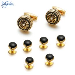 VAGULA Round Cufflinks Studs in Set 8pcs Black Enamel Gemelos Brass Tuxedo Collar Stud Bonito Men Jewelry 403