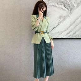 Two Piece Dress 2023 Women Spring Autumn 2 Set Female Long Sleeve Jackets And Pleated Skirt Ladies Solid Blazer Suits With Belt L45