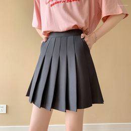 Skirts Brown Pleated Skirt With Pockets Women Korean College Style High Waist A-Line Elastic Autumn White Lengthened Mini Short