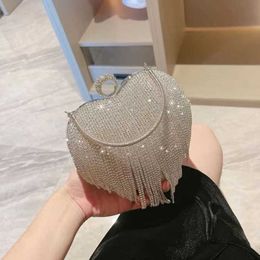 Totes Tassel Women Evening Bags Diamonds Heart Design Fashion Rhinestones Day Clutch One Side Handle Handbags Purse 230509