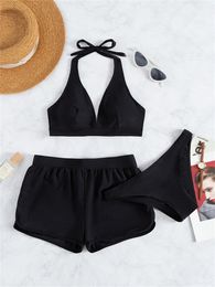 Swim wear Swimwear Women Swimsuit Bikini Three Pieces Solid Black High Waist Bathing Suit Female Shorts Summer Bikinis Set Beach 230518