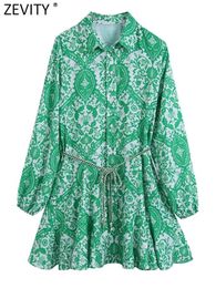 Basic Casual Dresses ZEVITY Women Fashion Paisley Floral Print Belt Mini Shirt Dress Female Chic Casual Big Swing Hem Pleat Green Vestidos DS9353 230519