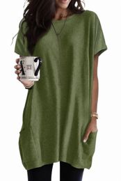 green Side Pockets Short Sleeve Tunic Top 2023 Hot New o9WZ#