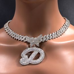 Chokers Men Women 14MM Cuban Chain Crystal Butterfly Initials Name Pendant Necklace Iced Out Cursive Letters Rapper Jewellery 230519