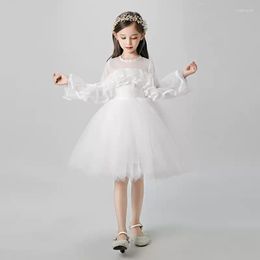 Girl Dresses Flower Illusion Full O-Neck Elegant Princess Knee-Length Tulle Lace Ruched Luxury White Lovely Kids Party Gown H468
