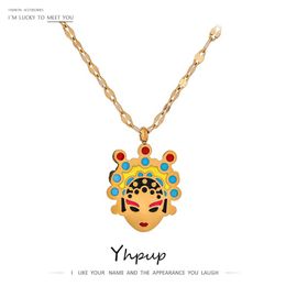 Pendant Necklaces Yhpup Chinese Style Opera FACE Stainless Steel Necklace For Women Jewellery Stylish Golden Metal Texture Choker NecklacePend