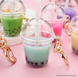 Keychains Cute Mini Pearl Milk Tea Cup Key Chain Trendy Funny Moon Buckle Keychains Pendent Bag Keyring for Women Gift