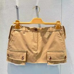 khaki work clothes short skirt women's 2023 summer new high waist versatile bag hip A-line pocket skirt
