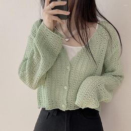 Women's Knits Thin Cut Out Cardigan Solid Short Ice Silk Knitted Sunscreen Shirts V Neck White Crop Mujer Tops Y2k Sweater Women