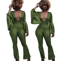 Women's Jumpsuits & Rompers Women Flare Sleeve Jumpsuit V Neck Skinny Autumn Casual Wide Leg Sexy Club Vintage Overalls PlaysuitsWomen's