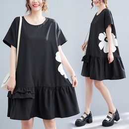 Dresses 150Kg Bust 150 Large Size Women's Summer New Loose Short Sleeve Round Collar Flower Dress Black 6XL 7XL 8XL 9XL