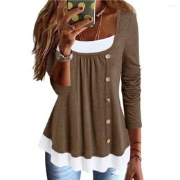 Women's Blouses Scoop Neck Long Sleeves Buttons Decor Pleated T-shirt Top Spring Autumn Patchwork Colour Pullover Blouse Streetwear Tops