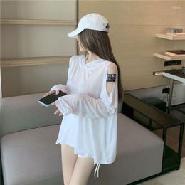 Active Shirts Women T-Shirt Ice Silk Sunscreen Clothing 2023 Summer Thin Loose Hooded Long-Sleeved Sexy Hollow Design Off-Shoulder Tops