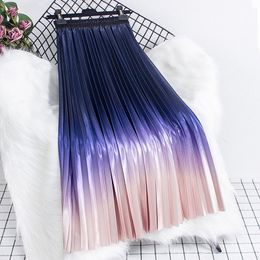 Skirts Gradient Elegant Fashion Skirts Woman Spring Elastic High Waist Pleated Midi Skirts A-Line Umbrella Skirt Jupe Femme 230519