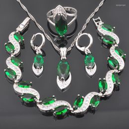 Necklace Earrings Set 2023 Fashion Green Zirconia Silver Colour Women Bracelet Pendant Ring QS0429