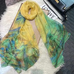 Sarongs BYSIFA Green Yellow 100% Silk Chiffon Scarf Fall Winter Brand Long Scarves Elegant Ladies Summer Beach Shawl Cover-ups Foulard 230519