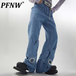 Men's Jeans PFNW Spring Autumn Men's Small Lock Buckle Removable Hollow Out Denim Pants Tide Washed Open Line Straight 12A7890