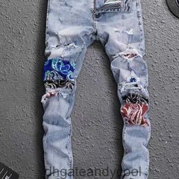 Man tattered Designer Pants Denim 23 spring and autumn Amirres Jeans jeans high street tattered patch Colour stretch slim leggings star same style XVWF