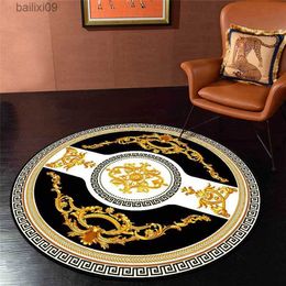 Carpets Luxury Carpet Living Room Black White Gold Geometric Ethnic Style Round Carpet Rugs For Bedroom Decor Home Chair Mat T230519