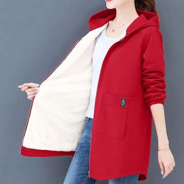Raincoats 2022 6XL Autumn Winter Women's Fleece Jacket Coats Female Long Hooded Coats Outerwear Warm Thick Female Windbreaker Red W2392