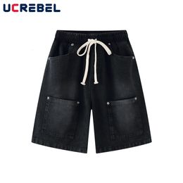 Mens Jeans Summer Washed Casual Denim Shorts High Street MultiPocket Elastic Waist Loose Short Men 230519