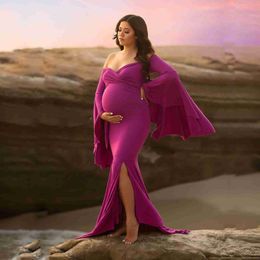 New Maternity Photography Prop Pregnancy Long Sleeve Cotton Chiffon Maternity Sexy Strapless Gown Photo Shoot Pregnant Dress R230519