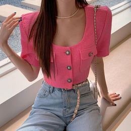 Women's Jackets U Collar Short Sleeve Tweed Jacket Summer Cardigan Korean Chic Plaid Coat Women Chaqueta Mujer Crop Tops Slim Shirts Sexy