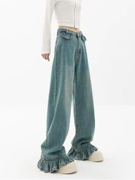 Women's Jeans Blue Ruffled Straight Jeans Women's Korean Baggy Loose High Waist Wdie Leg Washed Flare Denim Pants Mopping Trousers Female Y2K 230519