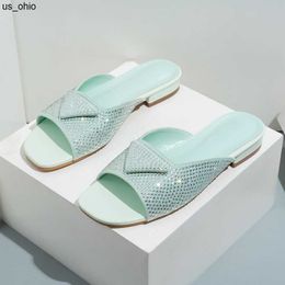 Slippers Summer Slippers 2023 Designer Slides Women Rhinestone Sandals Fashion Low Heel Shoes Black Square Toe Heels Beach Walk Slippers Comfort Ladies Sandals J23