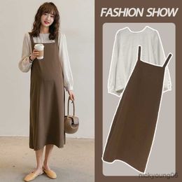 Japanese Maternity Suit Autumn Long-sleeved Chiffon Dress Fashion Suspender Skirt Elegant Versatile New Formal Pregnancy R230519