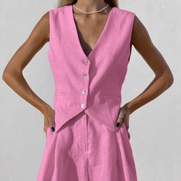 Women's Tracksuits Women Casual Sleeveless Vest Cotton Linen Set Spring V Neck Button Coat & Pocket Shorts Suit Summer Solid Two Piece