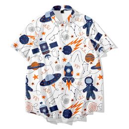 Men's Casual Shirts Short Sleeve Lapel Shirt Large Size Spaceship 3D Printed Top With PocketsMen's