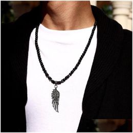 Pendant Necklaces 2023 Trendy Feather Necklace Men Temperament 6Mm Strand Matte Bead For Party Jewellery Gift Drop Delivery Pendants Dhnhq