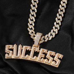 Iced Out Diamond Letter SUCCESS Pendant Necklace Gold Silver Plated with Stainless Steel Rope Chain