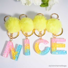 Keychains Rainbow Colour Key Ring Crystal Drop Resin English Letter Hairball Ladies Bag Simple Pendant Cute Keychain For Women Gift