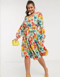 Plus size Dresses Plus Size Floral Print Bohemian Dress Long Sleeve Sashes Ruffle High Elastic Waist A-line Midi Dress Elegant Spring Casual Dress 230519