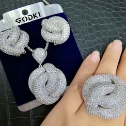 Wedding Jewellery Sets GODKI Luxury 3PCS Ring Necklace Earring Cubic Zircon Crystal Set For Women Indian Dubai Bridal 230519