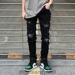 Pants black Designer Denim Man High Street Amirres washed holes Jeans made old cashew flower trend slim fit small foot Fog denim trousers men 1DEO