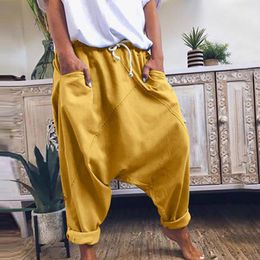 Pants 2022 New Men Solid Cotton Loose Harem Pants Summer Autumn Hip Hop Drop Crotch Drawstring Pants Wide Leg Casual Yoga Trousers