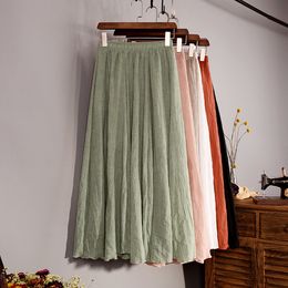 Skirt's Elegant 16 Color High Waist Elastic Linen Pleated Long Skirts Ladies Slim Casual Skirt Saias Summer SK05 230519