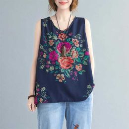 Women's Tanks Camis 2022 New Arrival Summer Arts Style Women Sleeveless Tank Tops Vintage Print Cotton Linen Casual Top Femme Loose Top Mujer V902 P230519